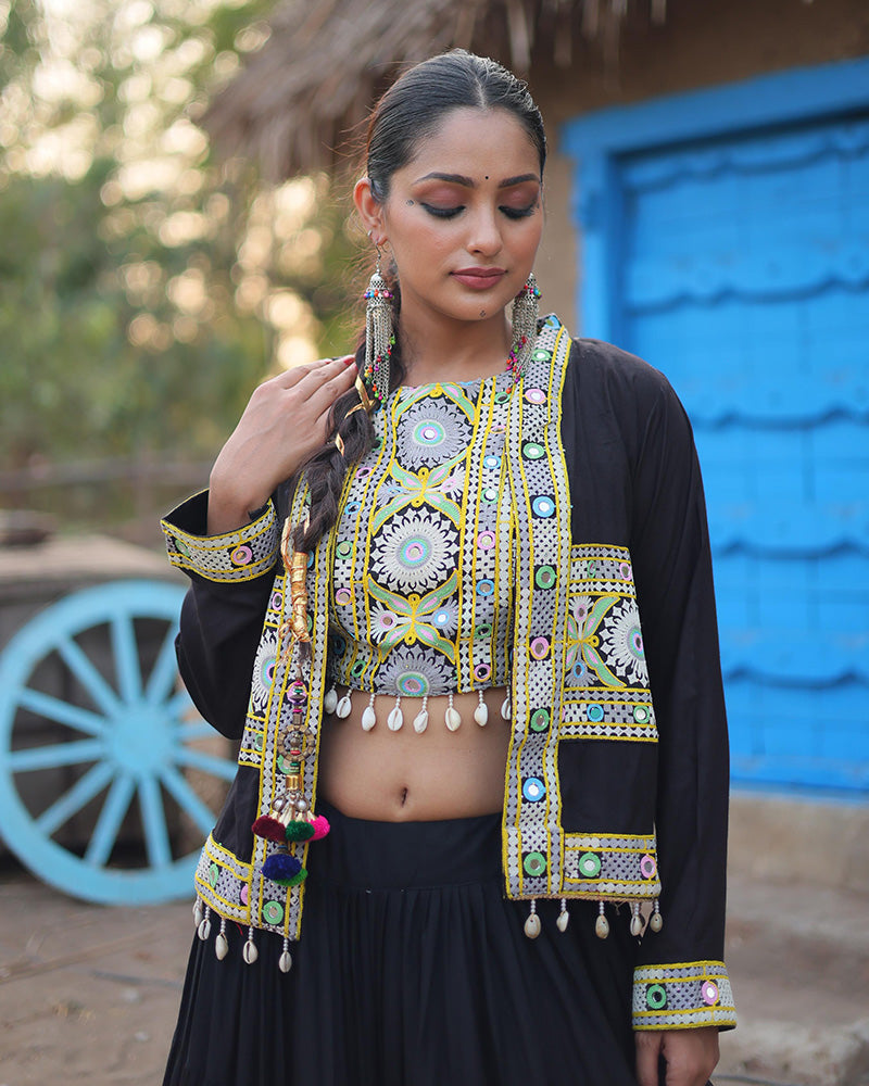 Black rayon embroidered Parnika Navratri lehenga choli set