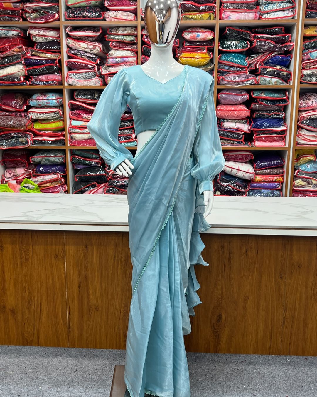 Anushree lavender ready-to-wear Jimmy Choo organza ruffle draped saree