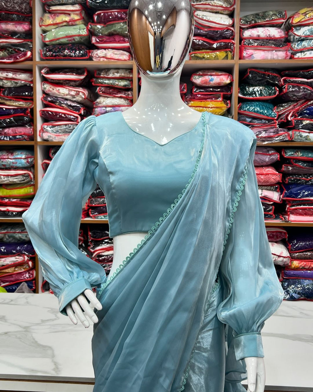 Anushree lavender ready-to-wear Jimmy Choo organza ruffle draped saree