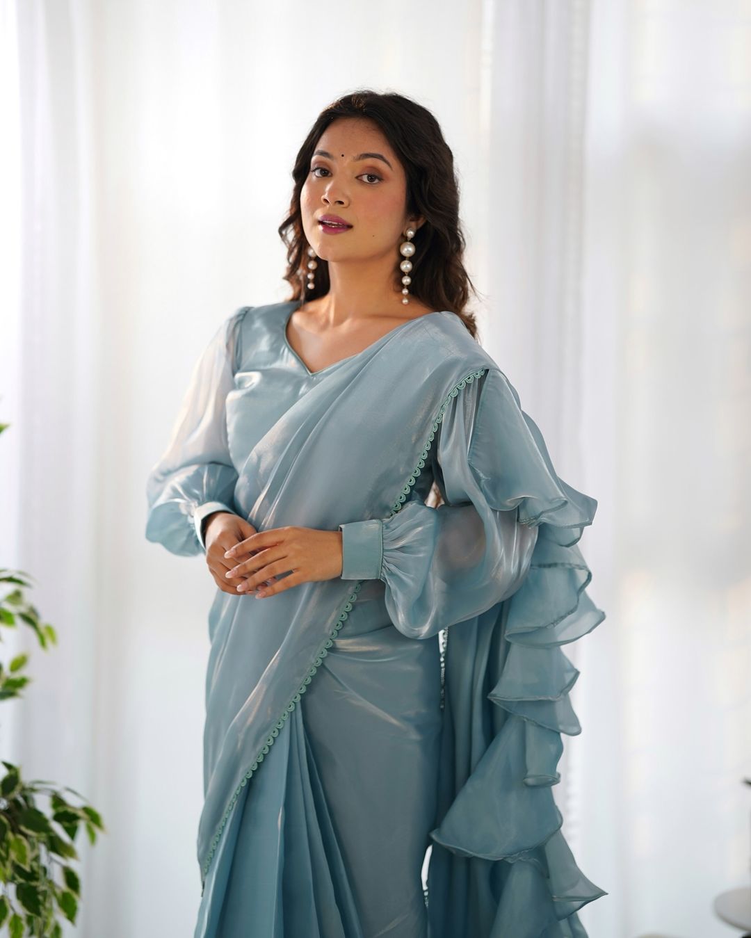 Anushree lavender ready-to-wear Jimmy Choo organza ruffle draped saree