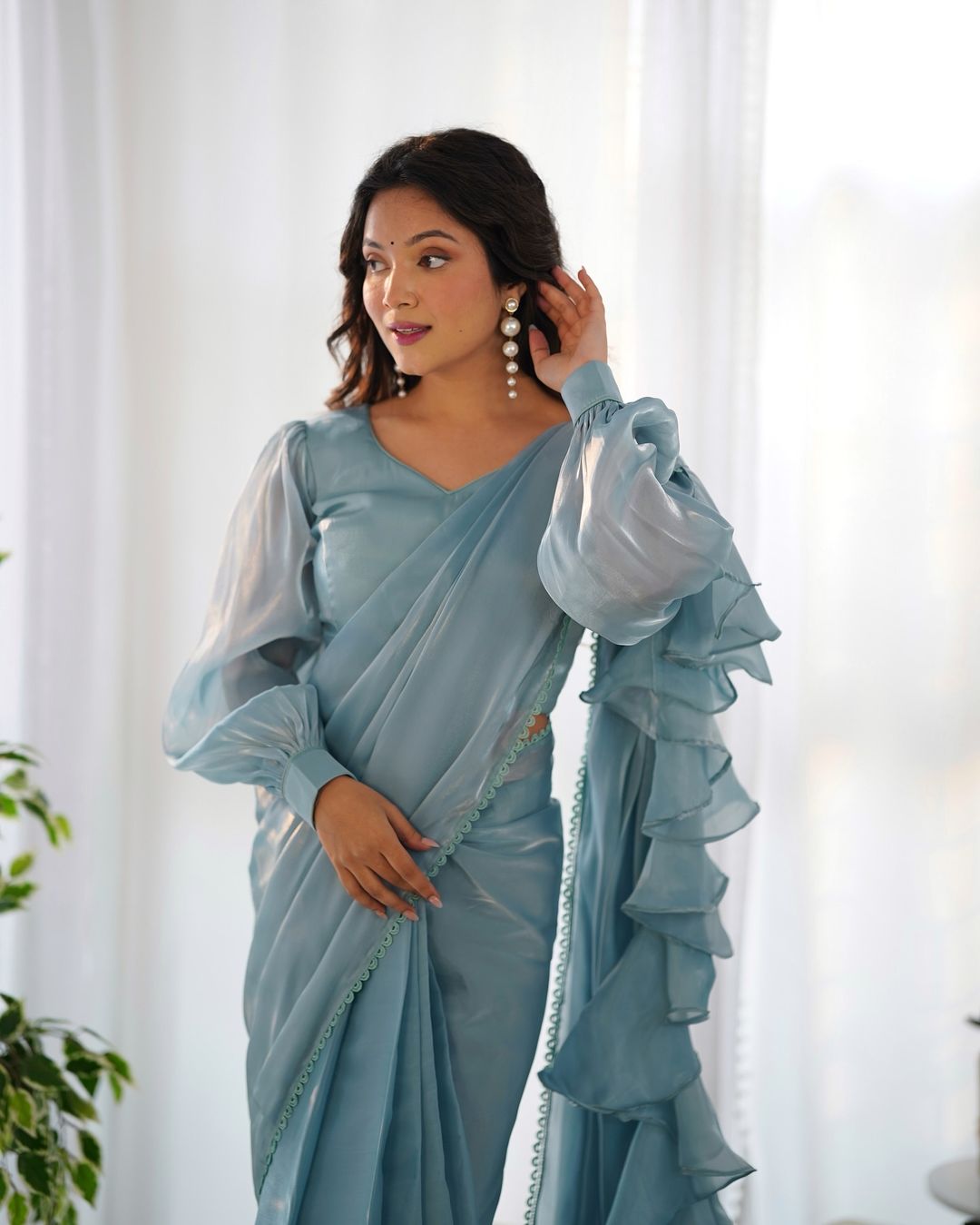 Anushree lavender ready-to-wear Jimmy Choo organza ruffle draped saree
