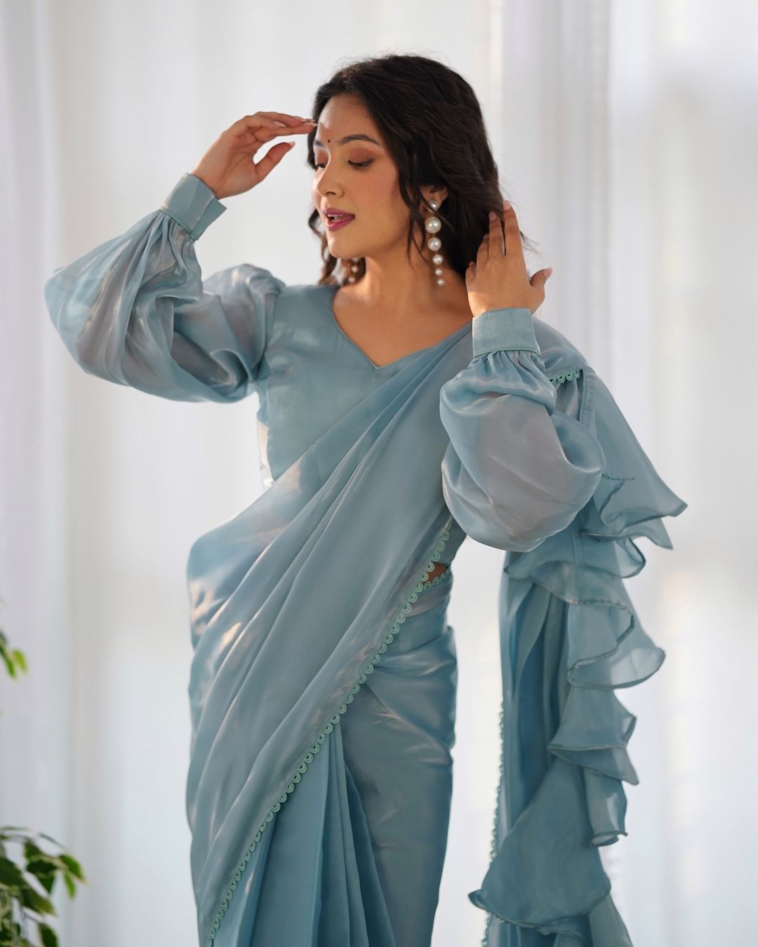 Anushree lavender ready-to-wear Jimmy Choo organza ruffle draped saree