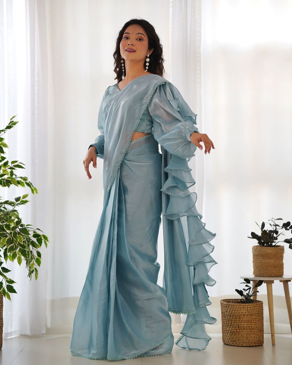 Anushree lavender ready-to-wear Jimmy Choo organza ruffle draped saree