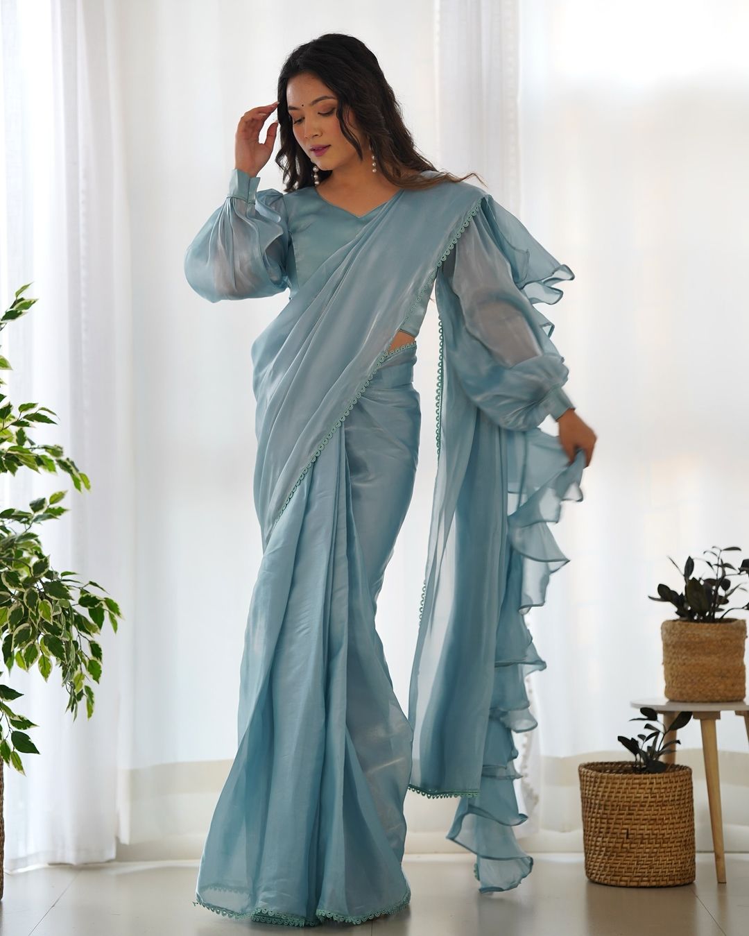 Anushree lavender ready-to-wear Jimmy Choo organza ruffle draped saree
