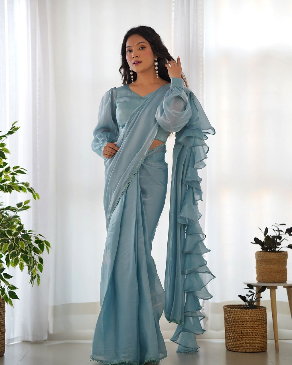 Anushree lavender ready-to-wear Jimmy Choo organza ruffle draped saree