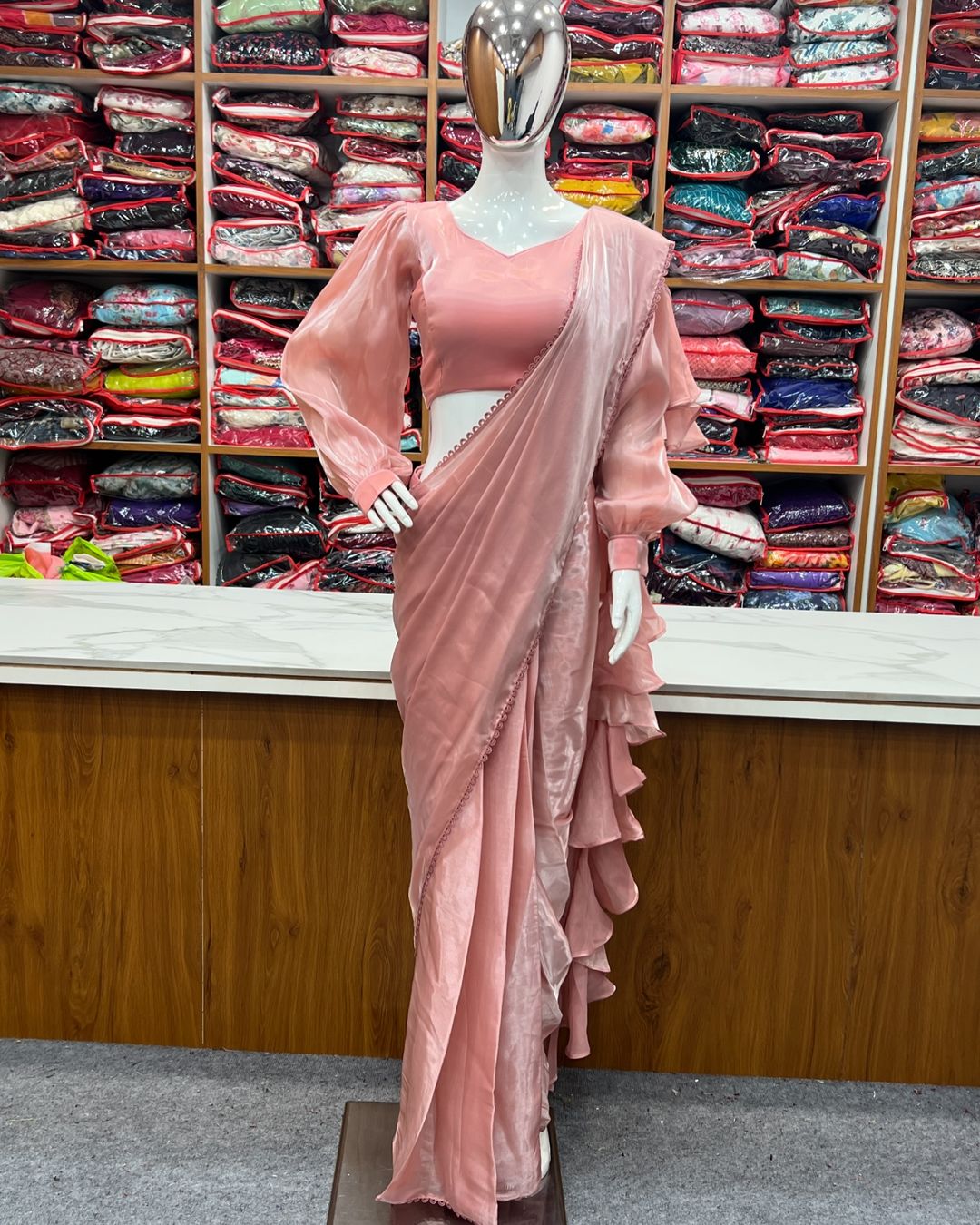 Anushree peach ready-to-wear Jimmy Choo organza ruffle draped saree