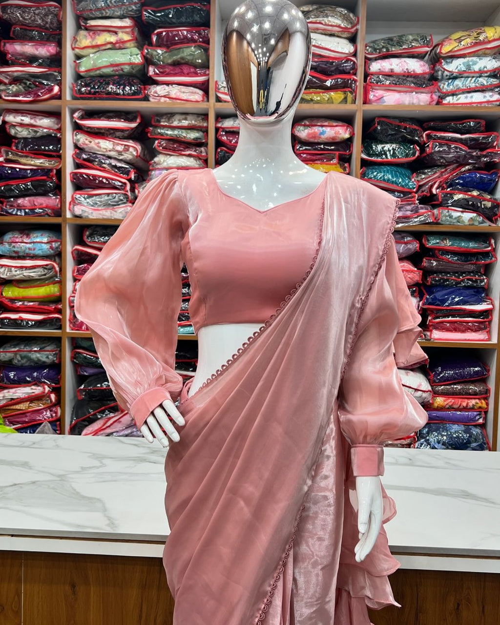 Anushree peach ready-to-wear Jimmy Choo organza ruffle draped saree