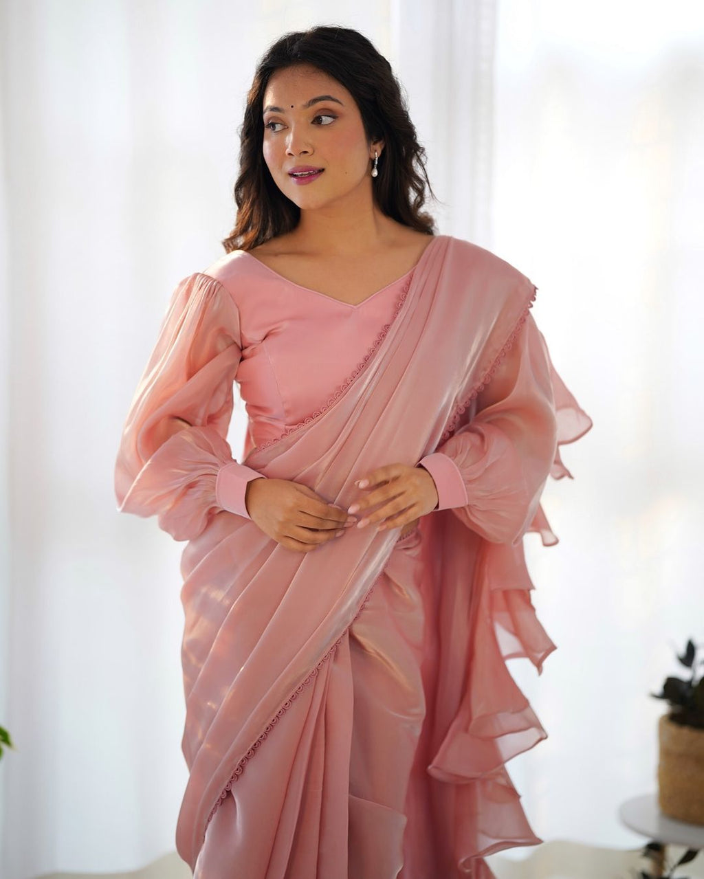 Anushree peach ready-to-wear Jimmy Choo organza ruffle draped saree