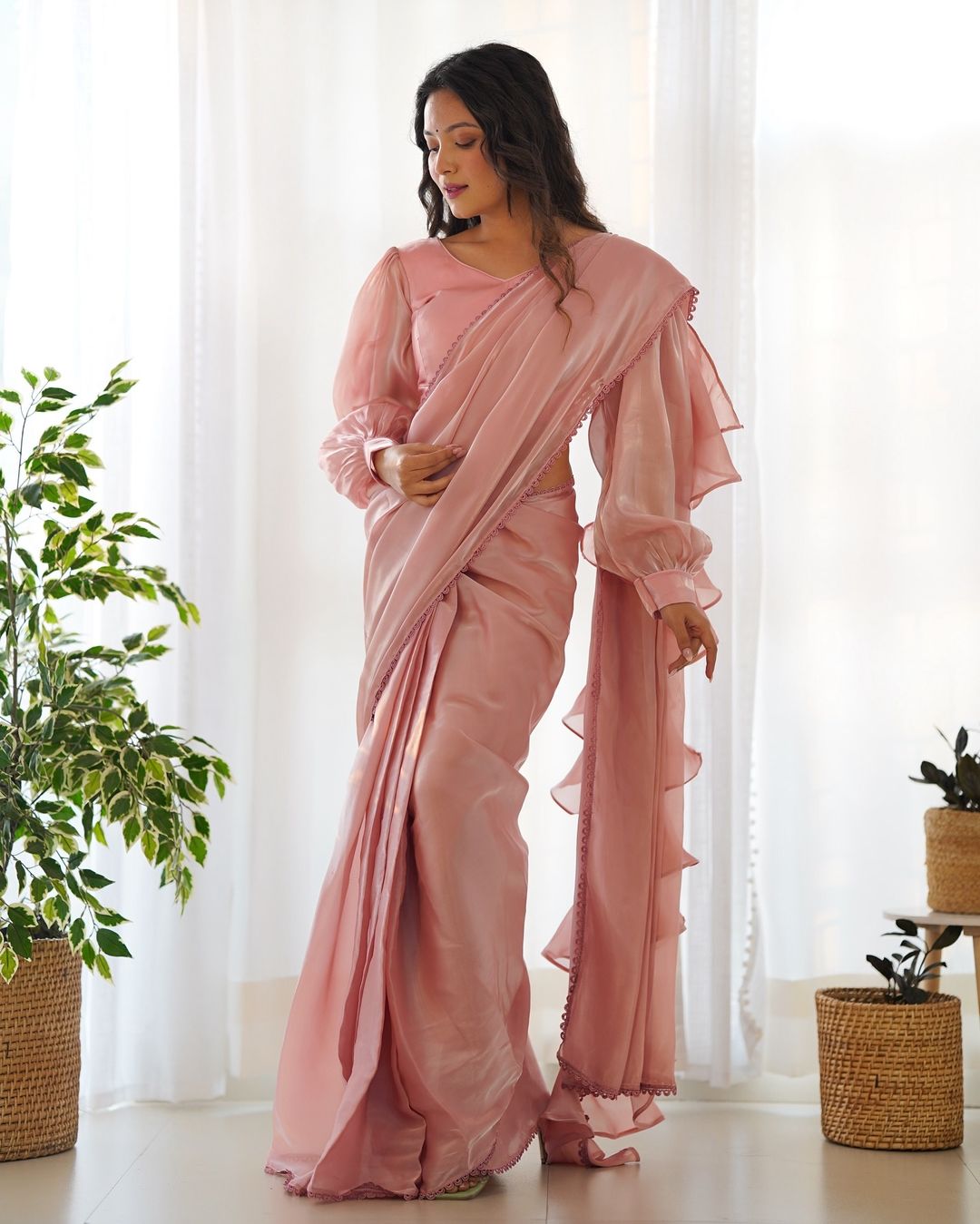 Anushree peach ready-to-wear Jimmy Choo organza ruffle draped saree