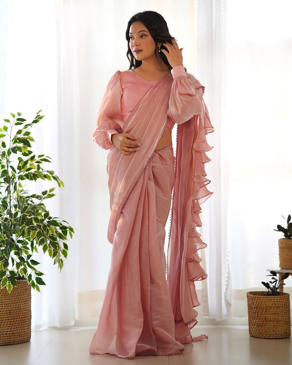 Anushree peach ready-to-wear Jimmy Choo organza ruffle draped saree