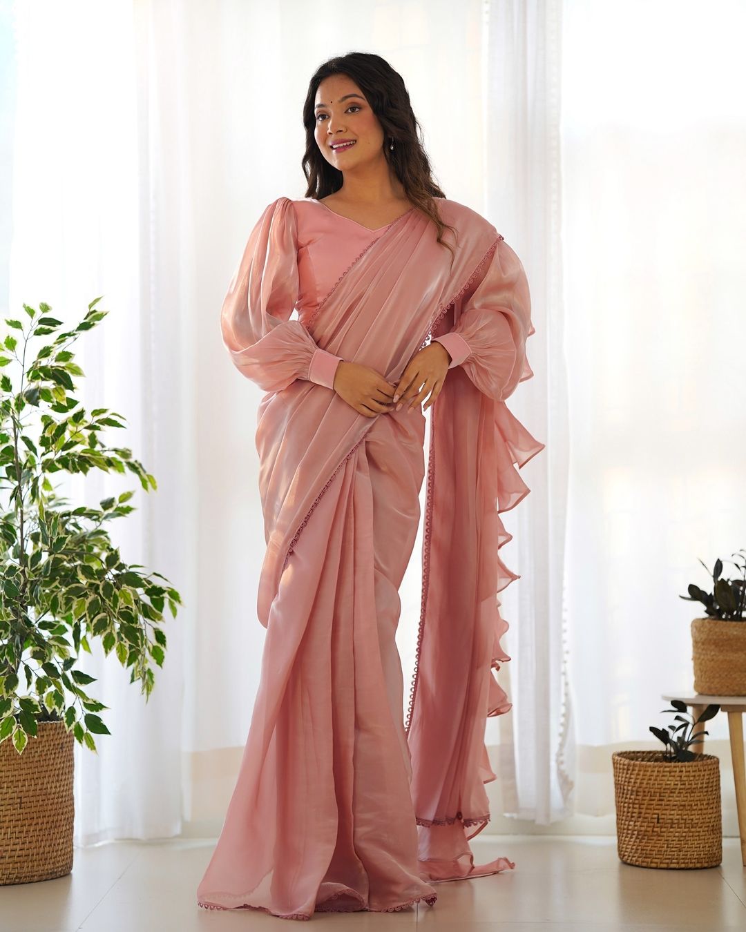 Anushree peach ready-to-wear Jimmy Choo organza ruffle draped saree