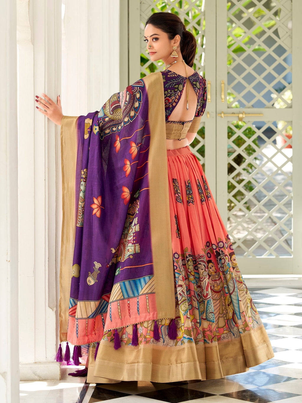 Peach dola silk kalamkari printed lehenga choli with dupatta