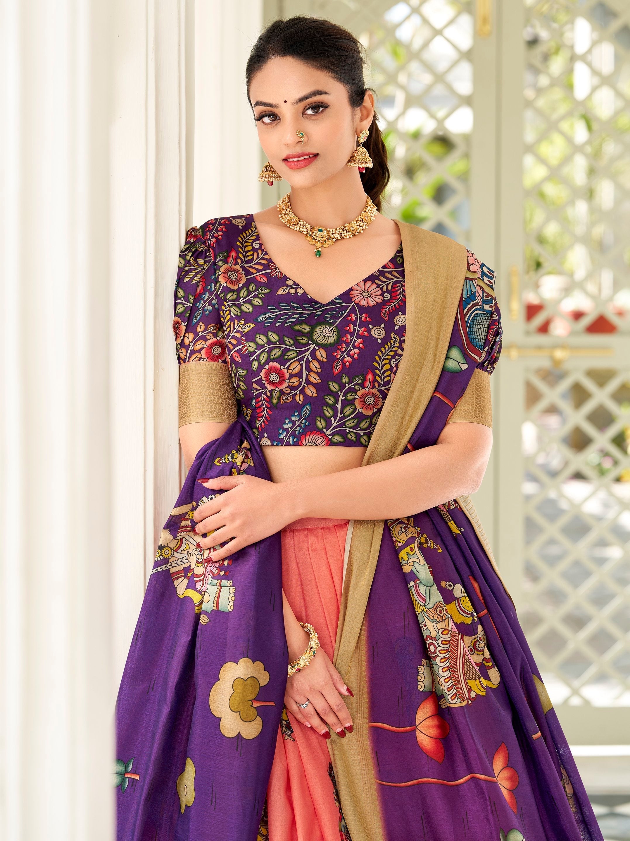 Peach dola silk kalamkari printed lehenga choli with dupatta