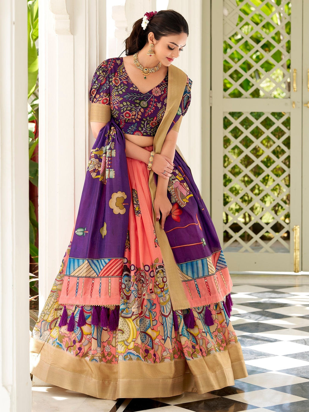 Peach dola silk kalamkari printed lehenga choli with dupatta