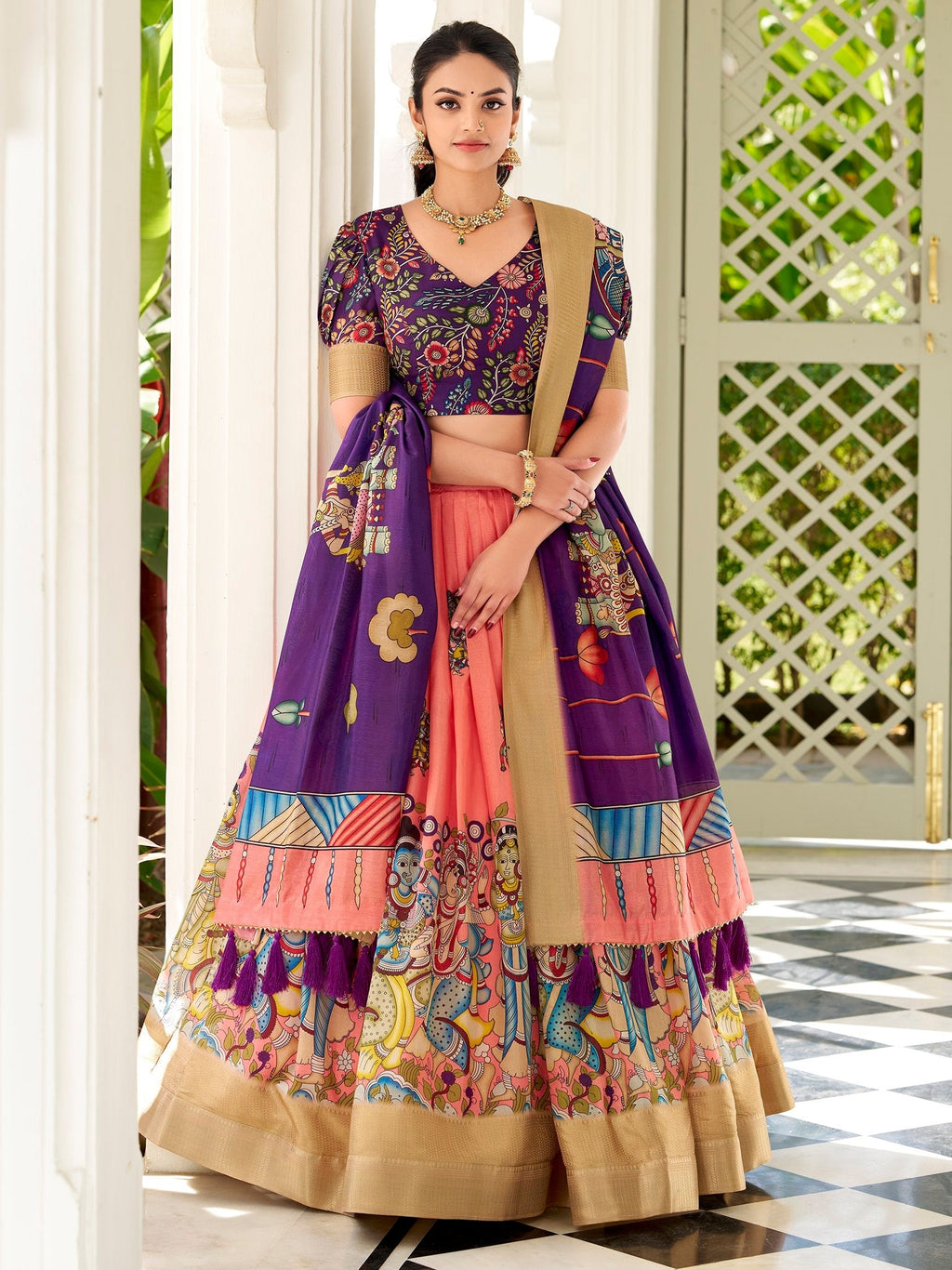 Peach dola silk kalamkari printed lehenga choli with dupatta