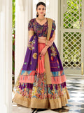 Peach dola silk kalamkari printed lehenga choli with dupatta