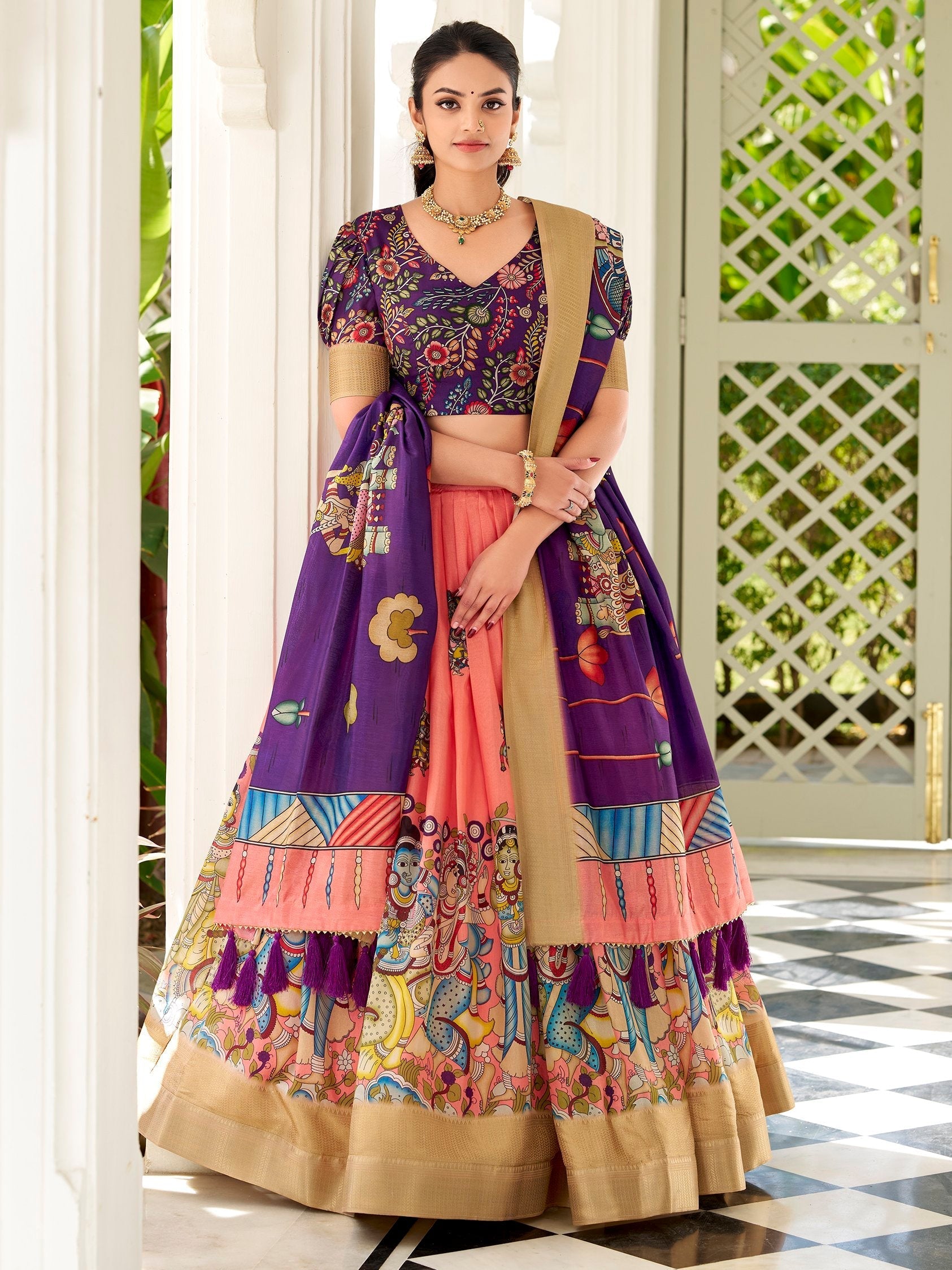 Peach dola silk kalamkari printed lehenga choli with dupatta