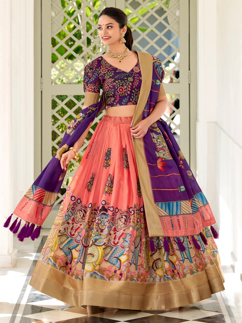Peach dola silk kalamkari printed lehenga choli with dupatta