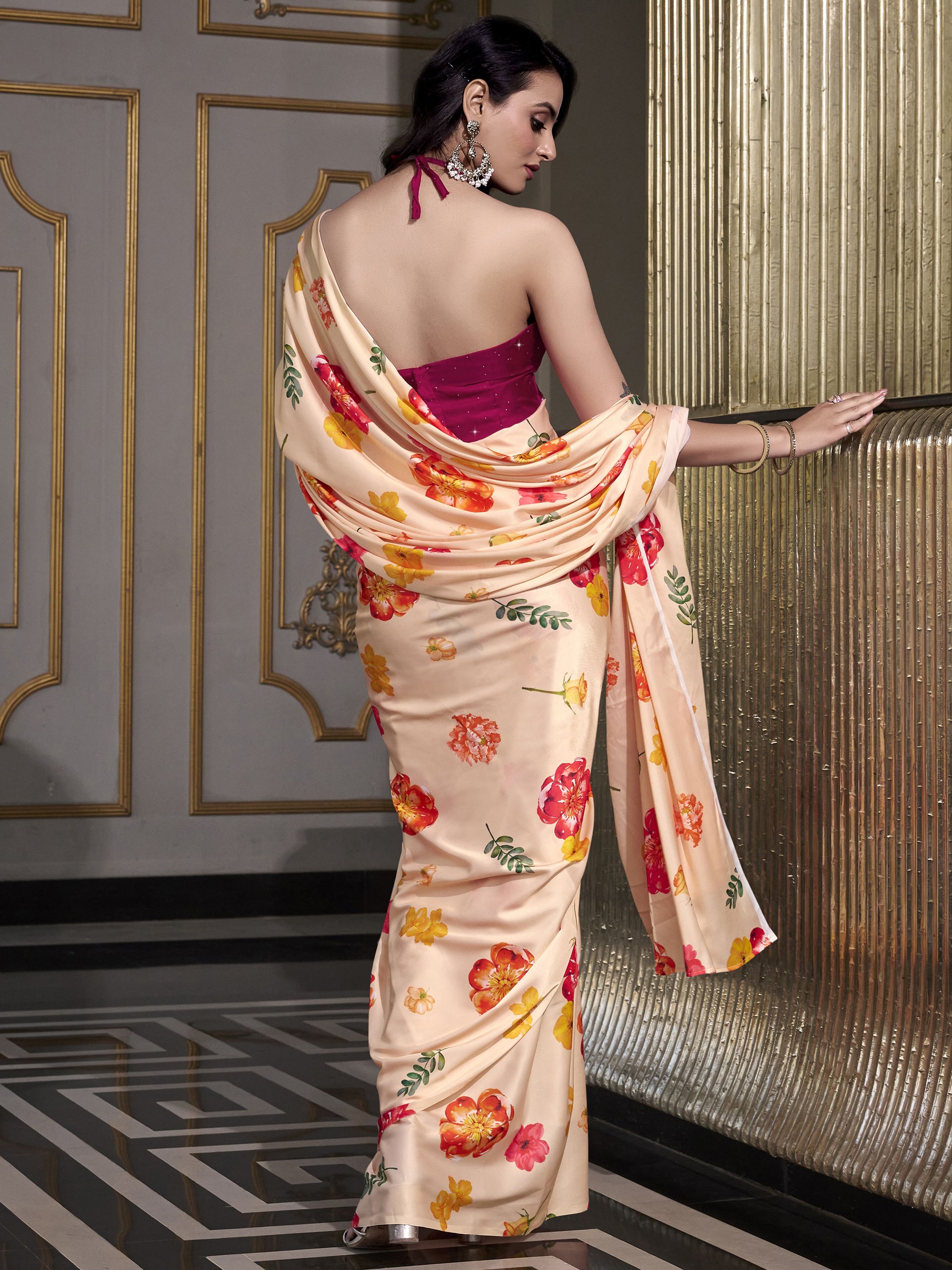 Peach satin silk printed saree with moonga silk blouse