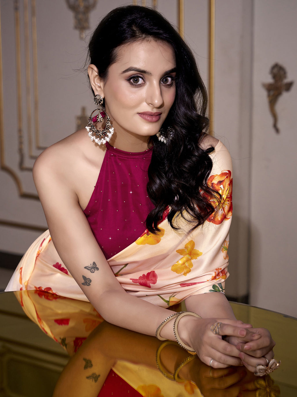 Peach satin silk printed saree with moonga silk blouse