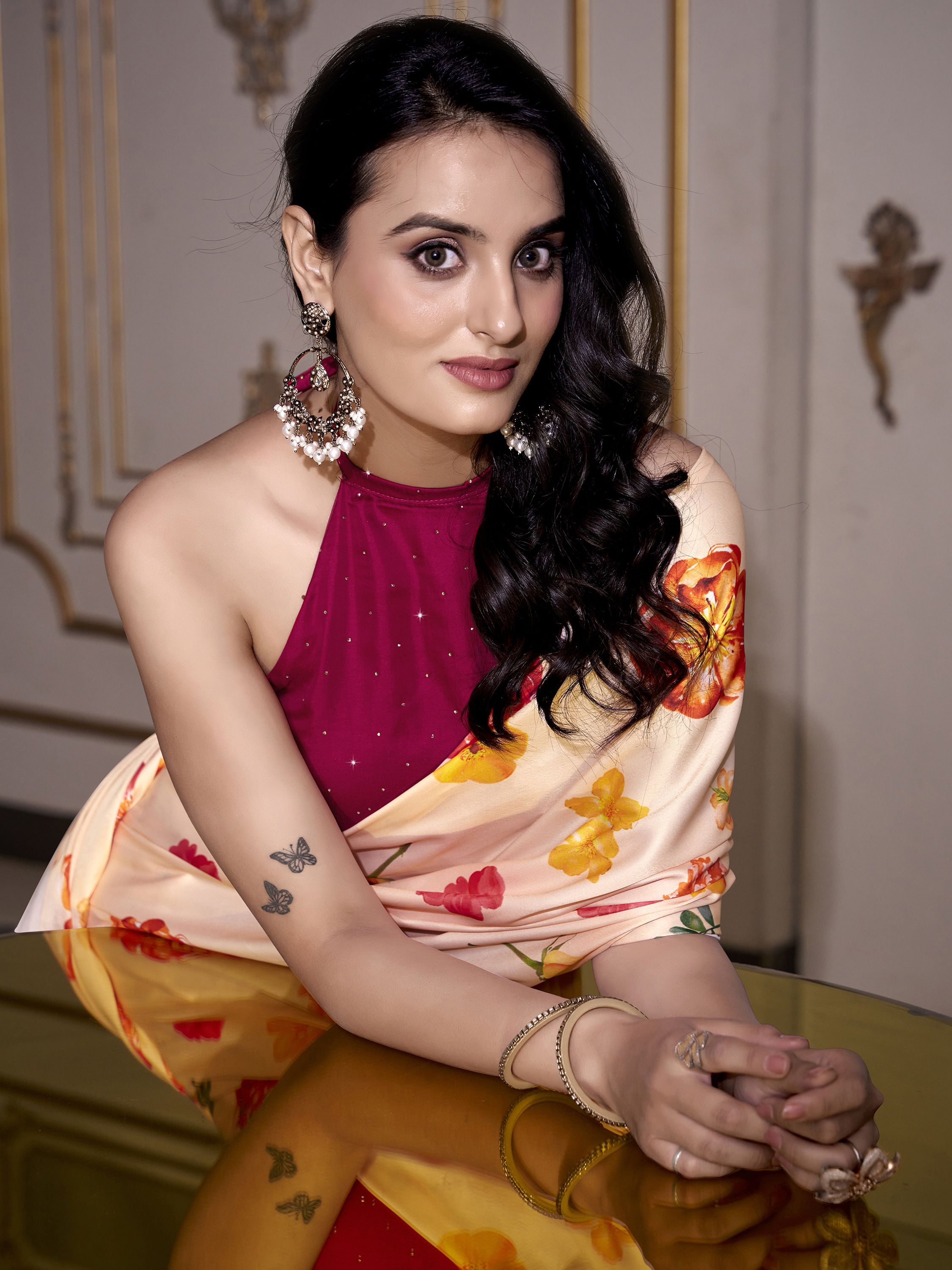 Peach satin silk printed saree with moonga silk blouse