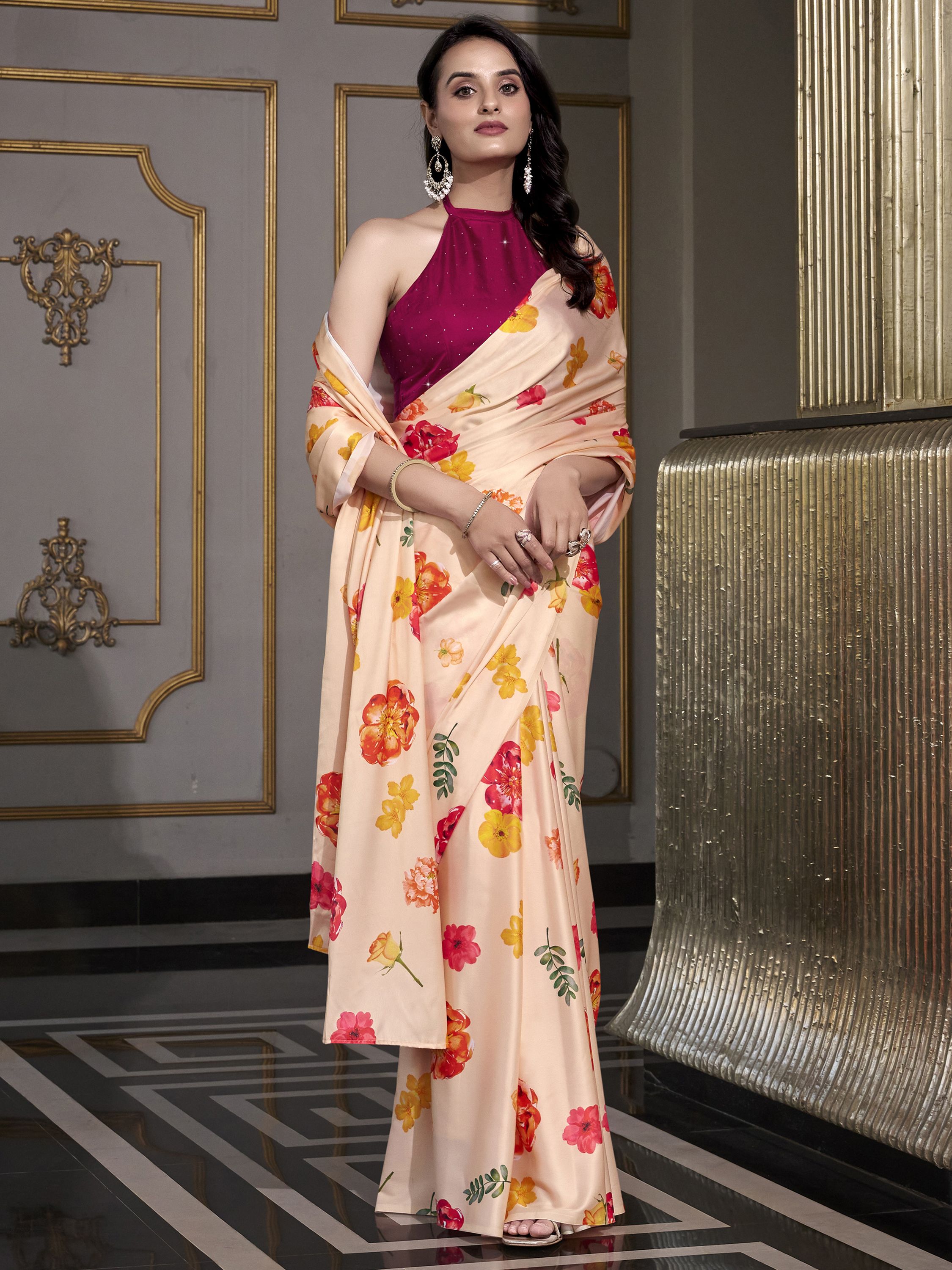Peach satin silk printed saree with moonga silk blouse