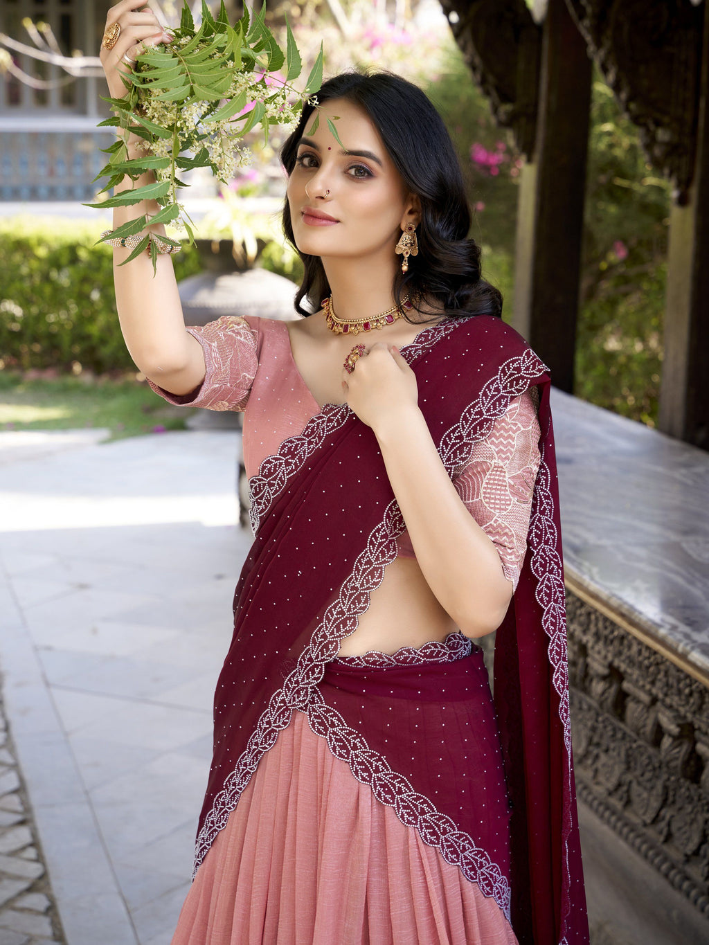 Peach silver hotfix embroidered lehenga choli for wedding functions
