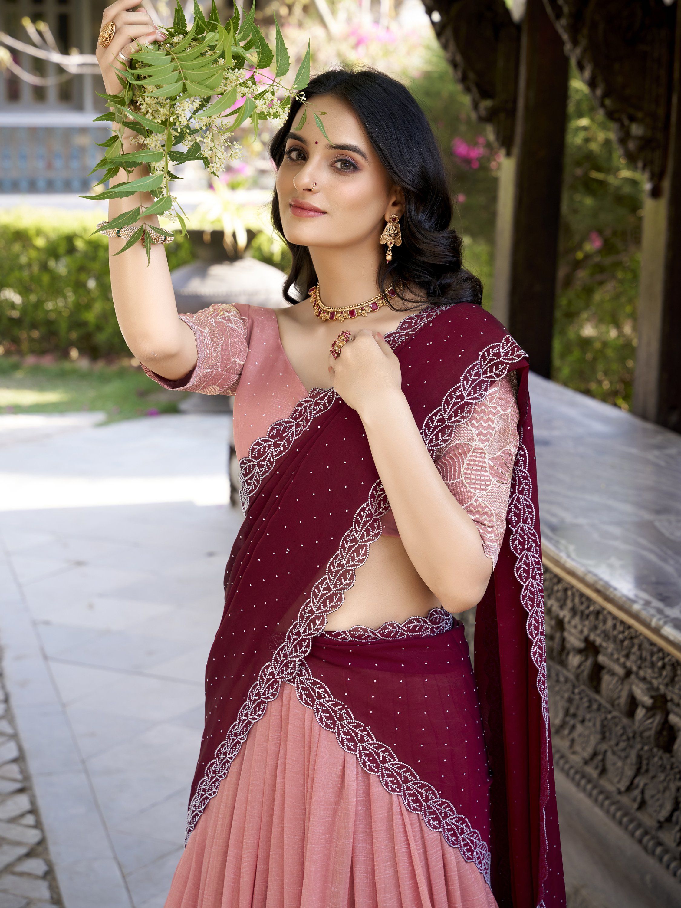 Peach silver hotfix embroidered lehenga choli for wedding functions