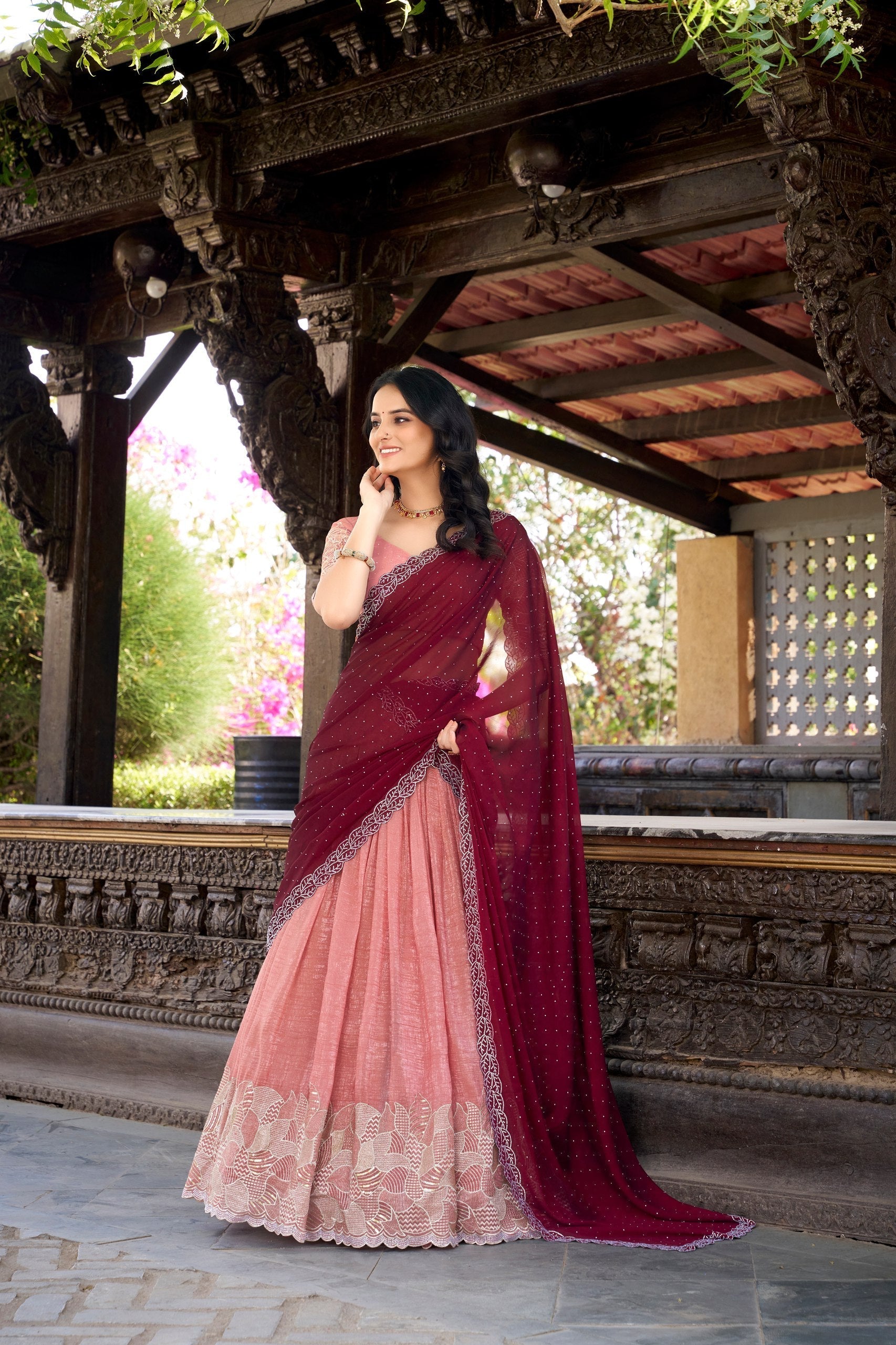 Peach silver hotfix embroidered lehenga choli for wedding functions
