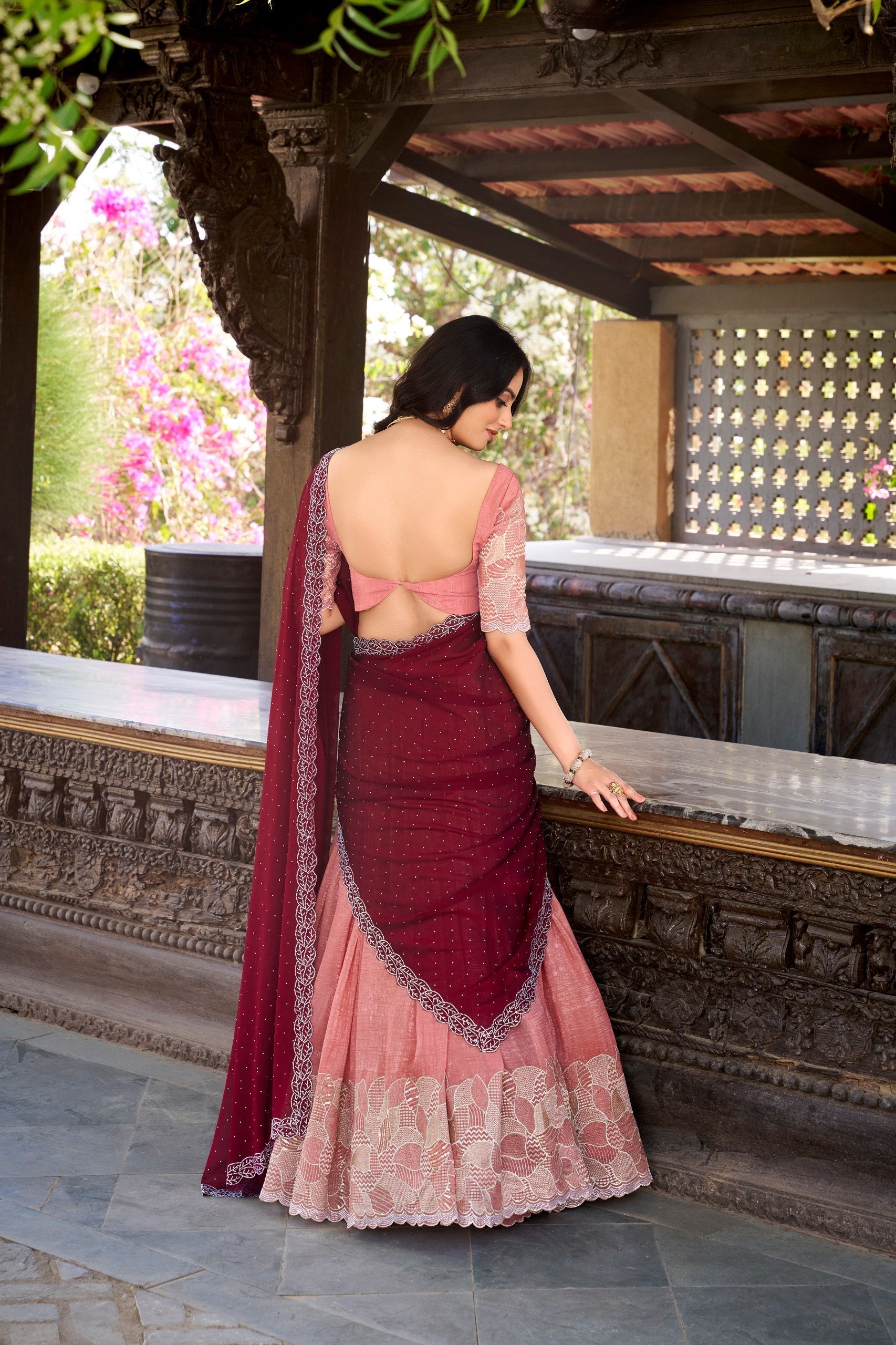 Peach silver hotfix embroidered lehenga choli for wedding functions