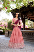 Peach silver hotfix embroidered lehenga choli for wedding functions