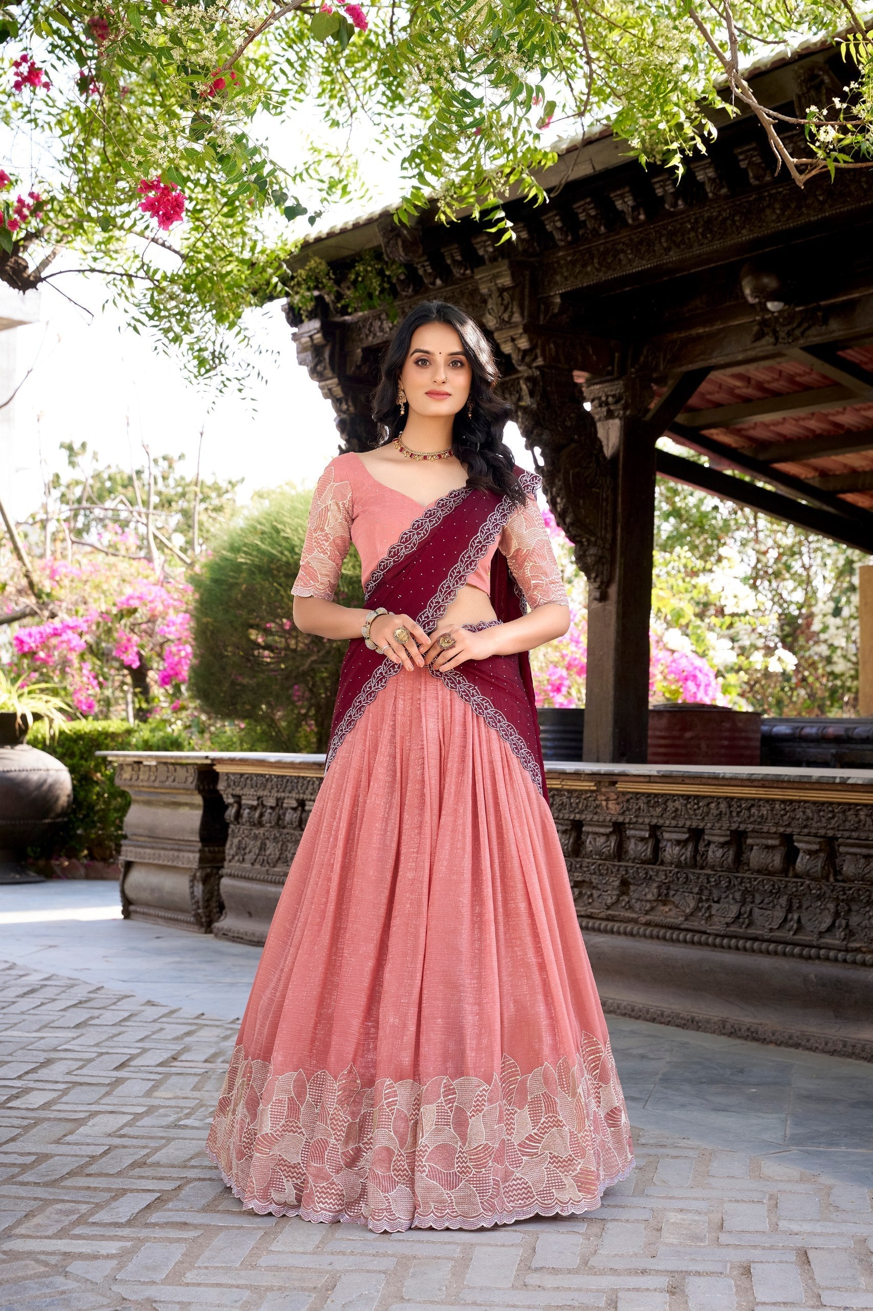 Peach silver hotfix embroidered lehenga choli for wedding functions