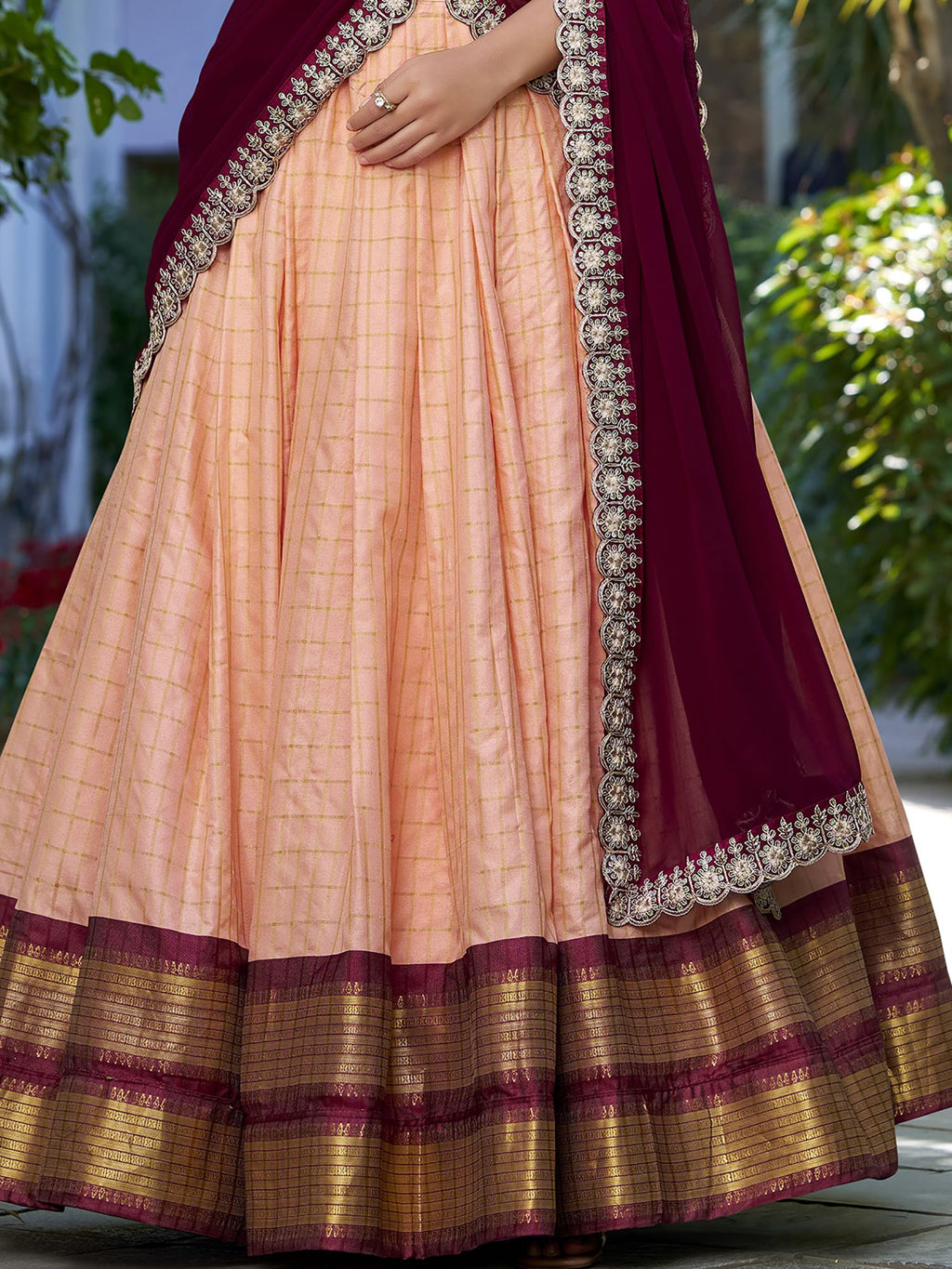 Peach zari chex lehenga choli with georgette sequins dupatta