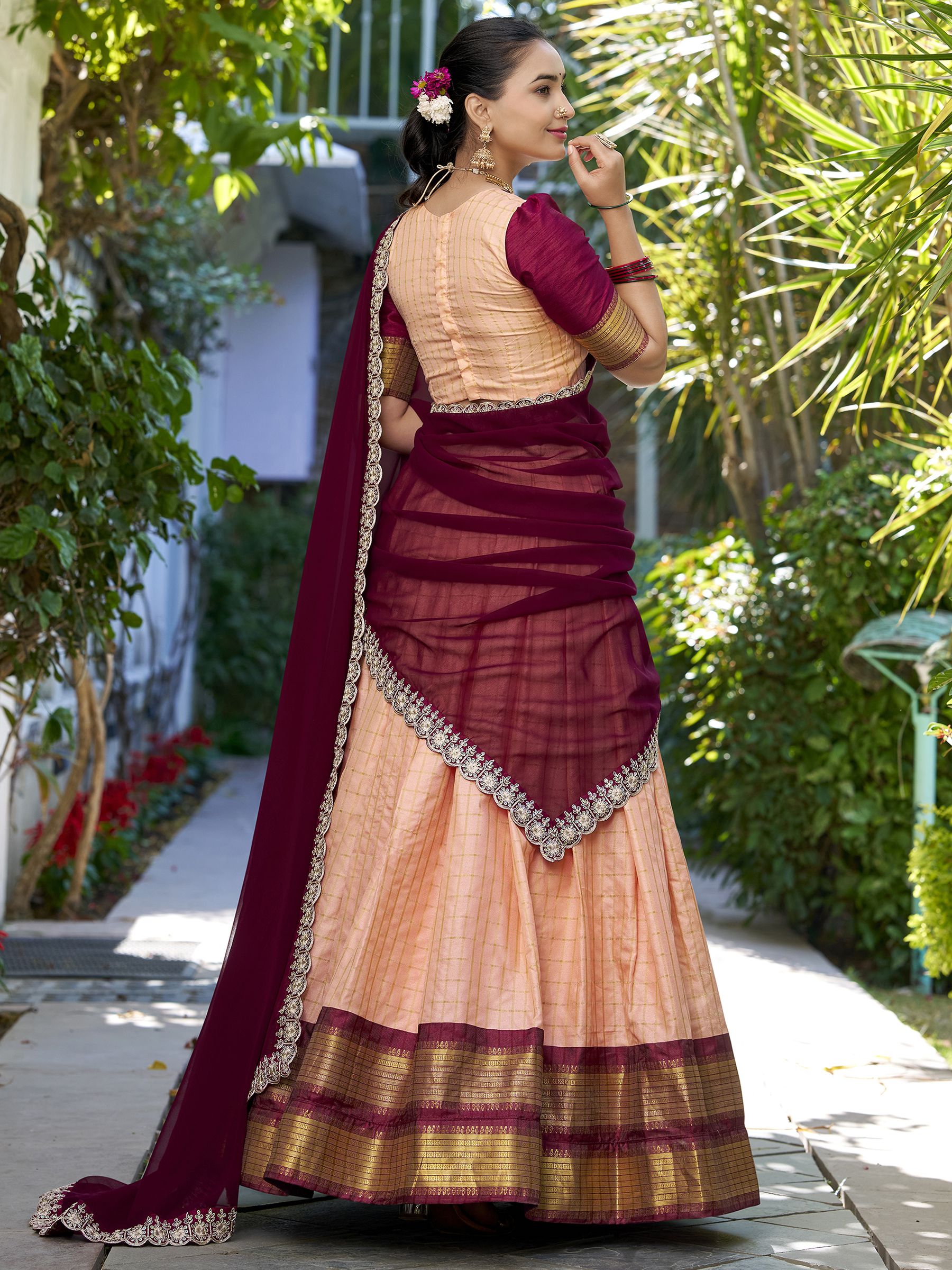 Peach zari chex lehenga choli with georgette sequins dupatta