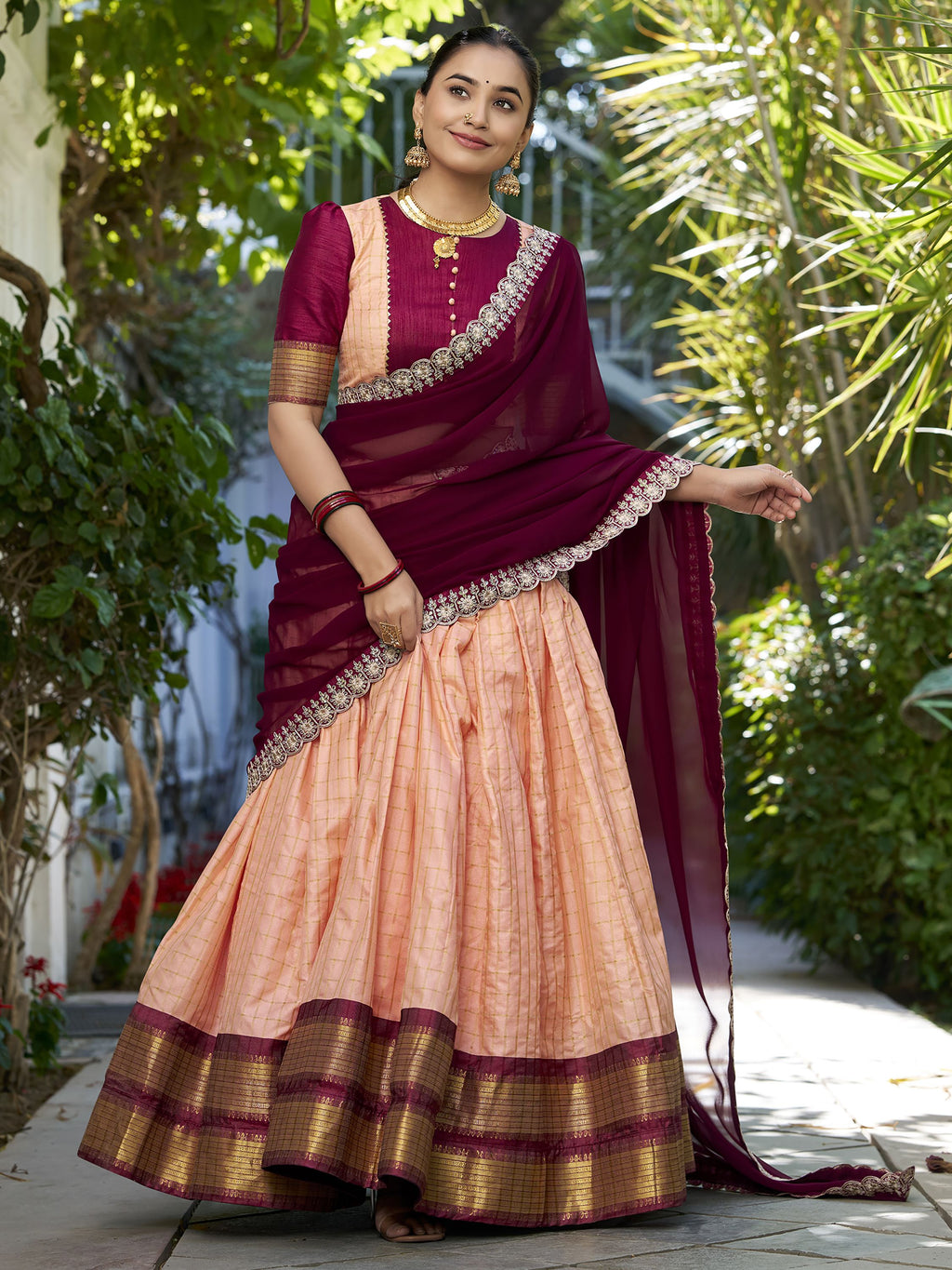 Peach zari chex lehenga choli with georgette sequins dupatta