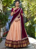 Peach zari chex lehenga choli with georgette sequins dupatta