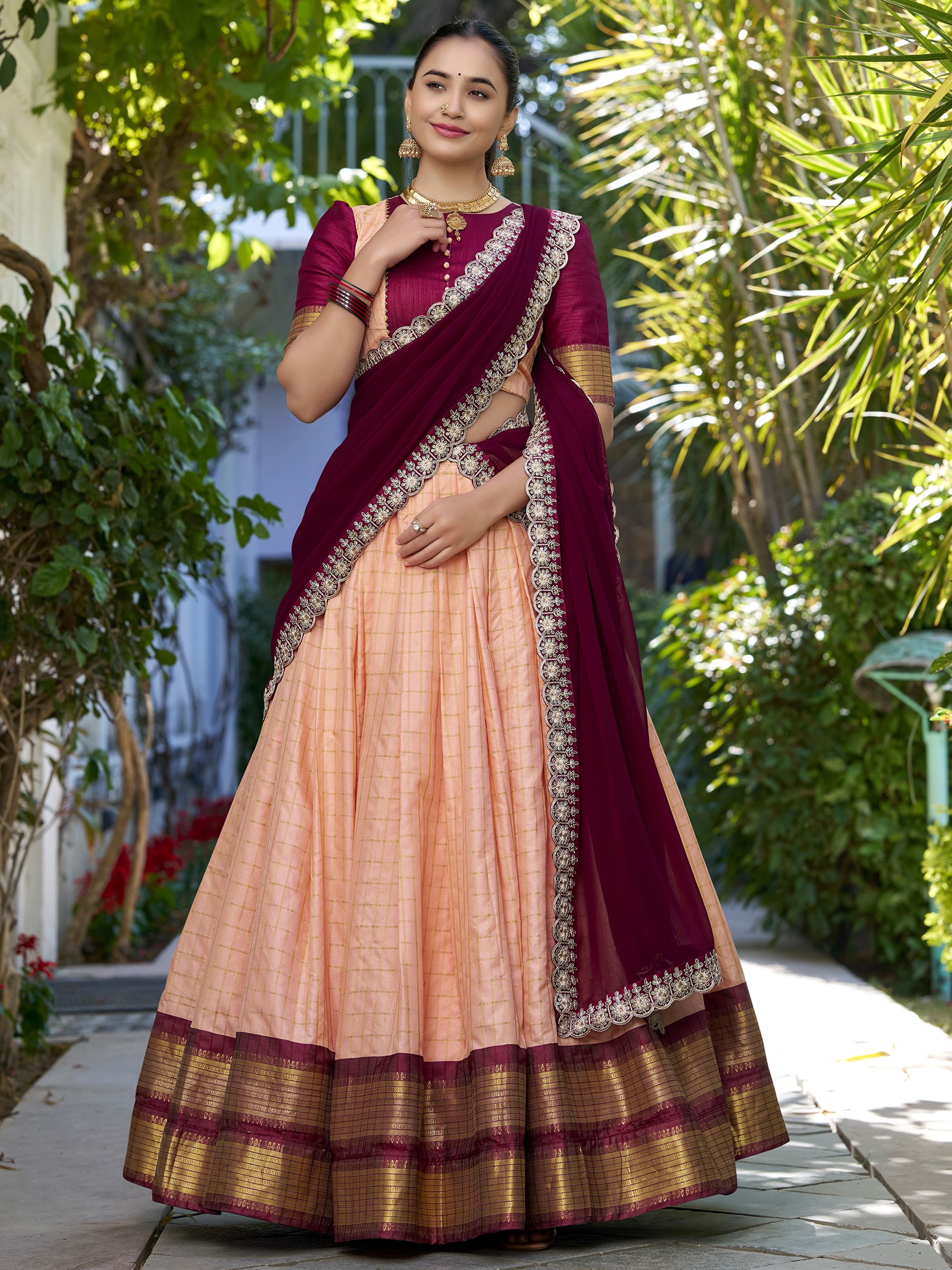 Peach zari chex lehenga choli with georgette sequins dupatta
