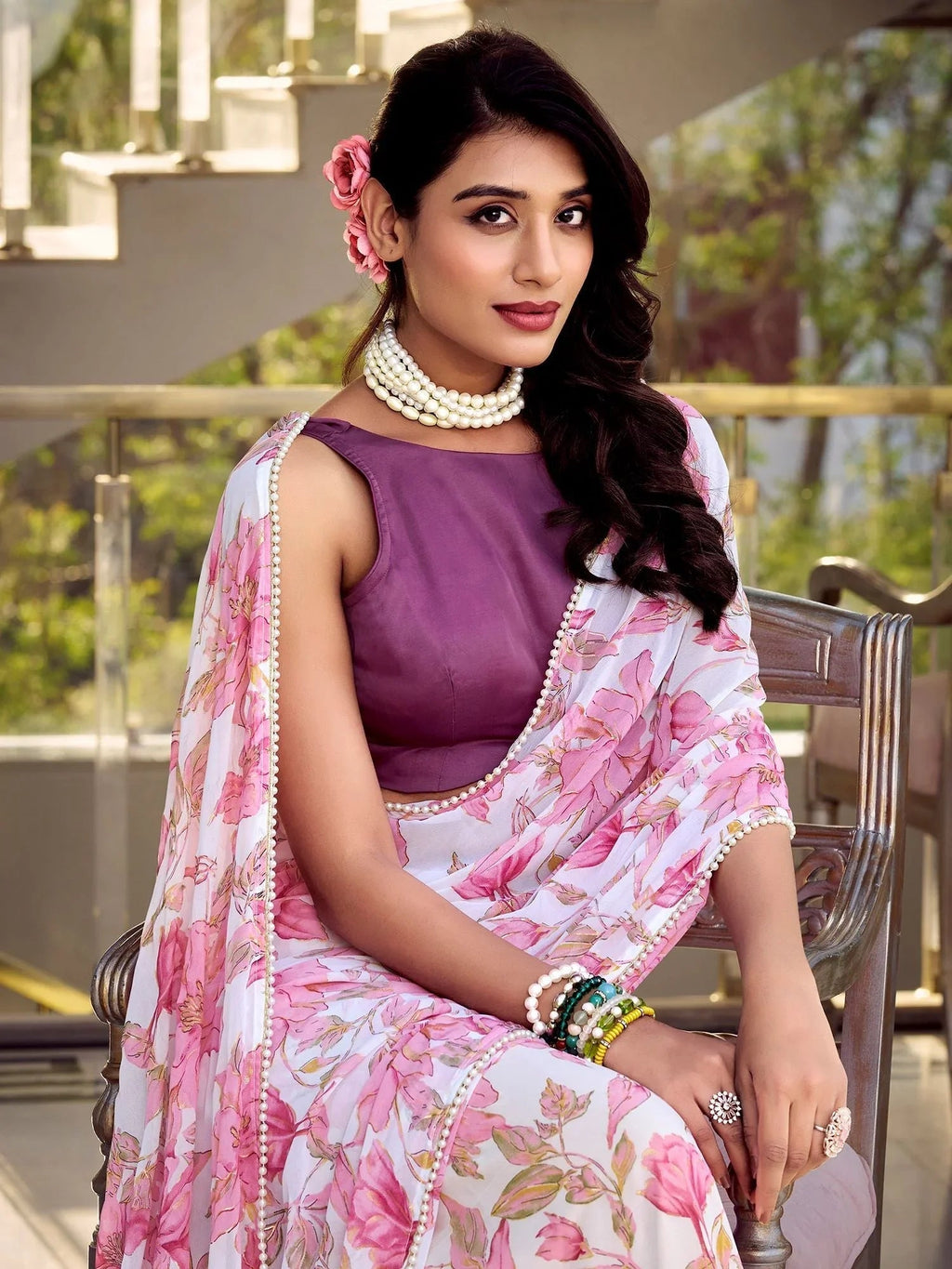 Pink chiffon floral print pearl lace border saree with blouse