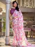 Pink chiffon floral print pearl lace border saree with blouse