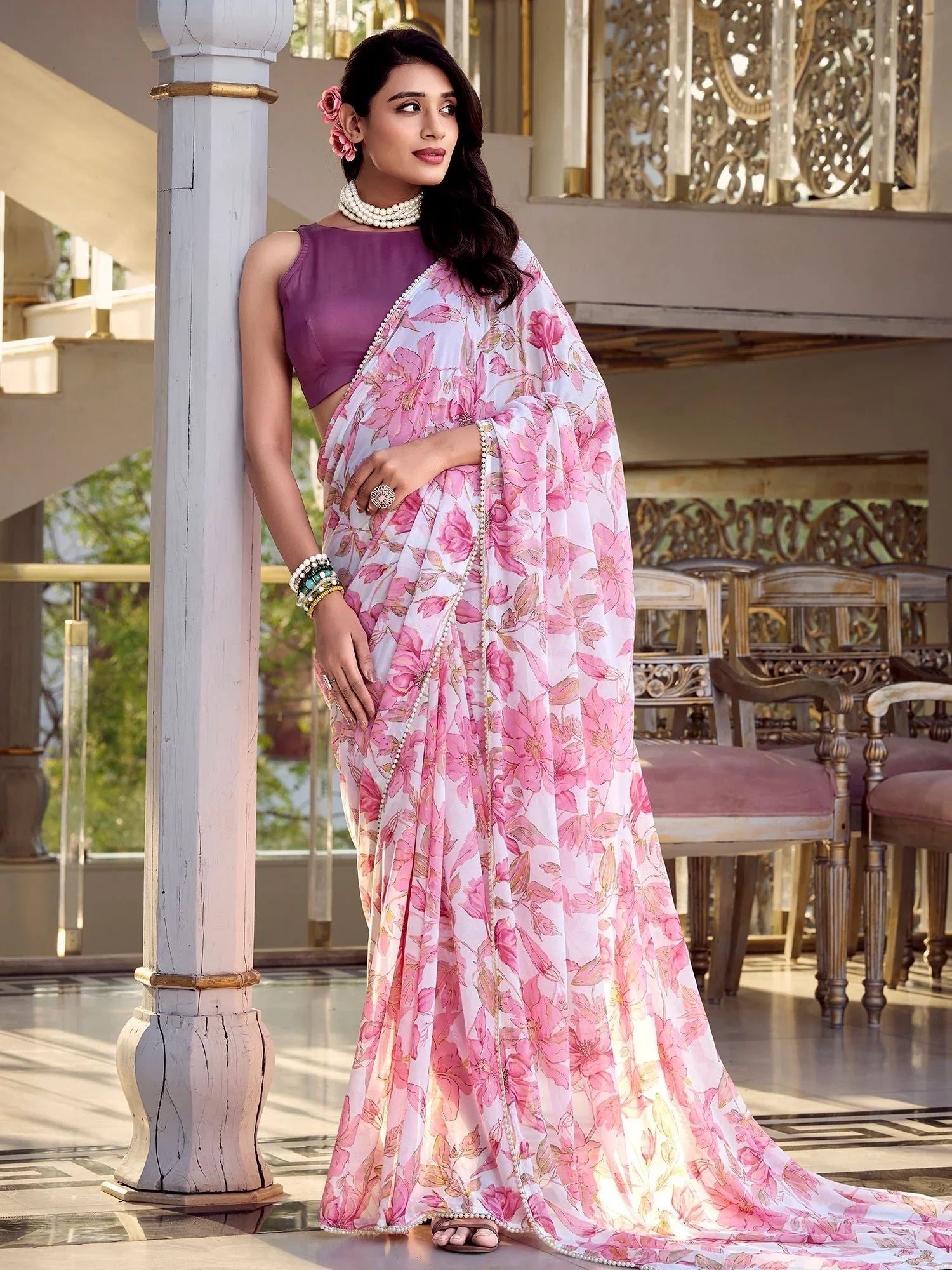 Pink chiffon floral print pearl lace border saree with blouse