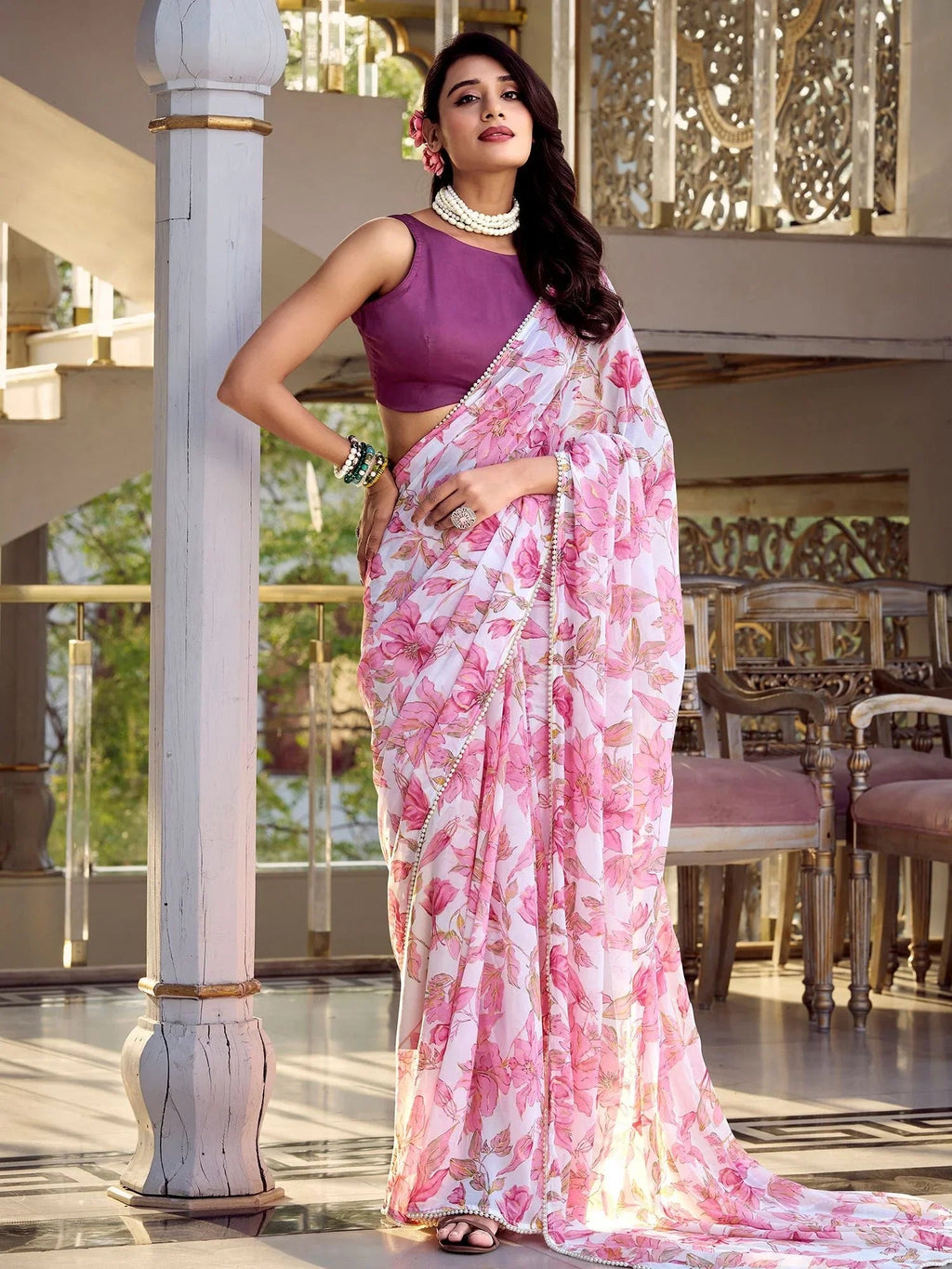Pink chiffon floral print pearl lace border saree with blouse