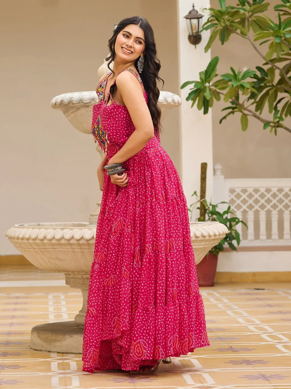 Pink georgette Bandhani print mirror Gamthi work gown