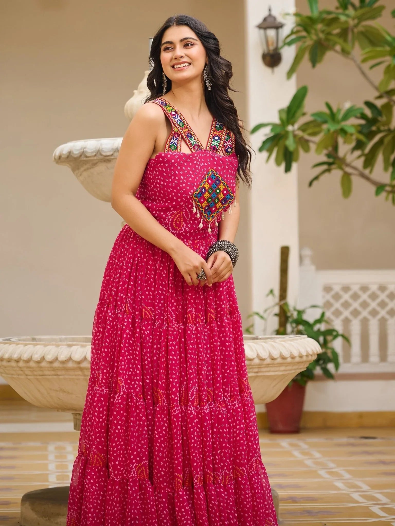 Pink georgette Bandhani print mirror Gamthi work gown