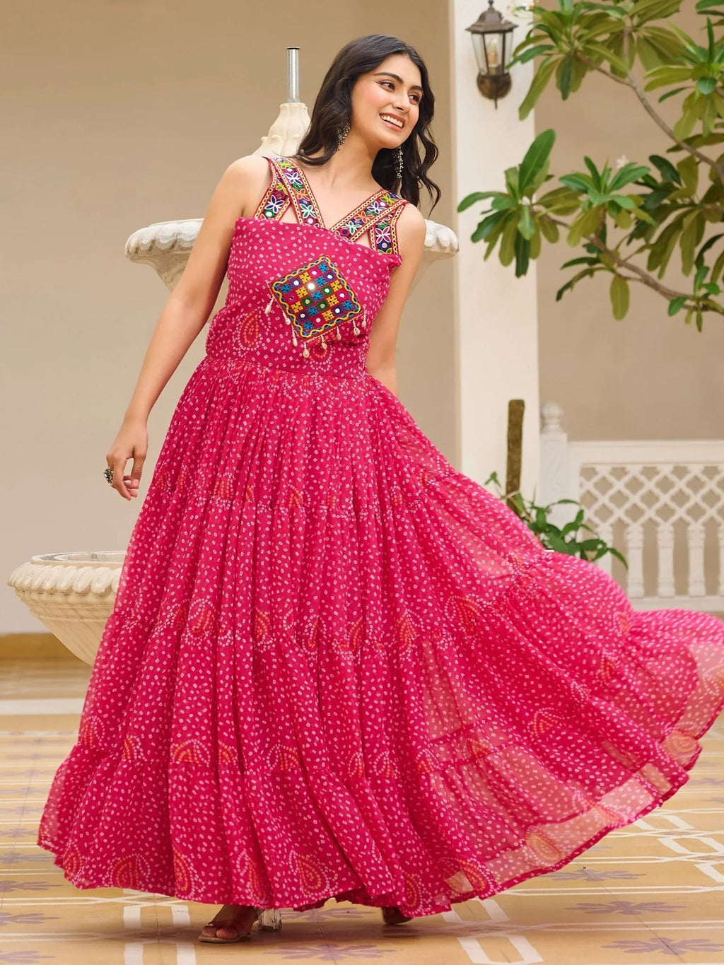 Pink georgette Bandhani print mirror Gamthi work gown