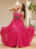 Pink georgette Bandhani print mirror Gamthi work gown