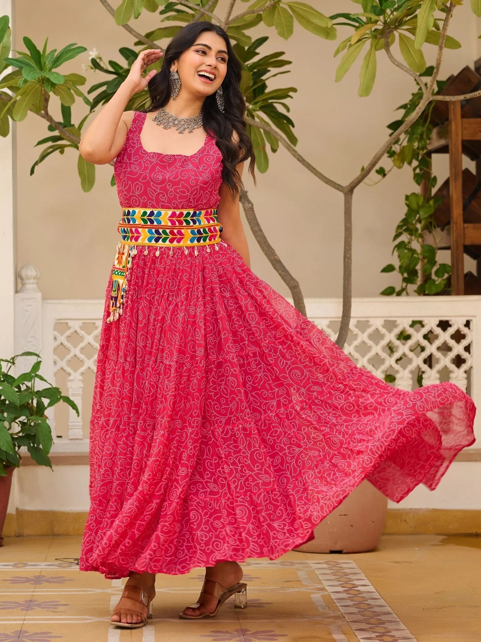 Pink georgette Bandhani print mirror Gamthi work traditional gown