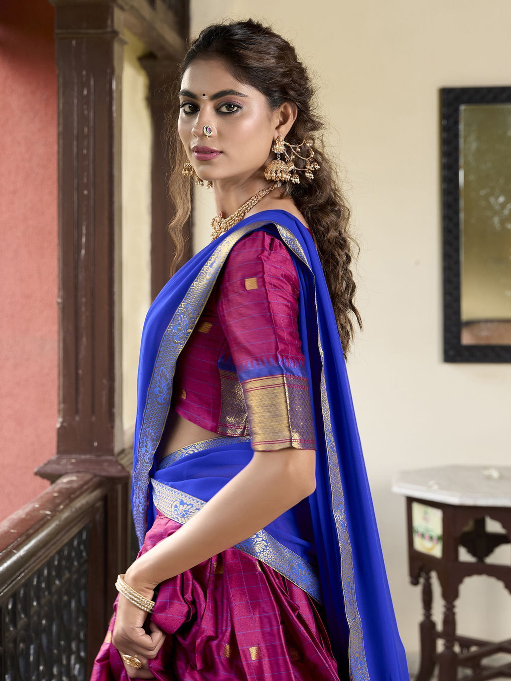 Pink cotton silk paithani weaving work lehenga choli with dupatta
