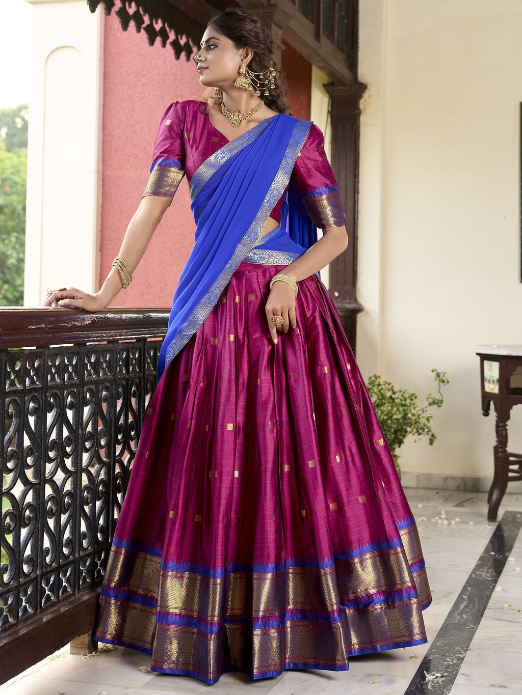 Pink cotton silk paithani weaving work lehenga choli with dupatta