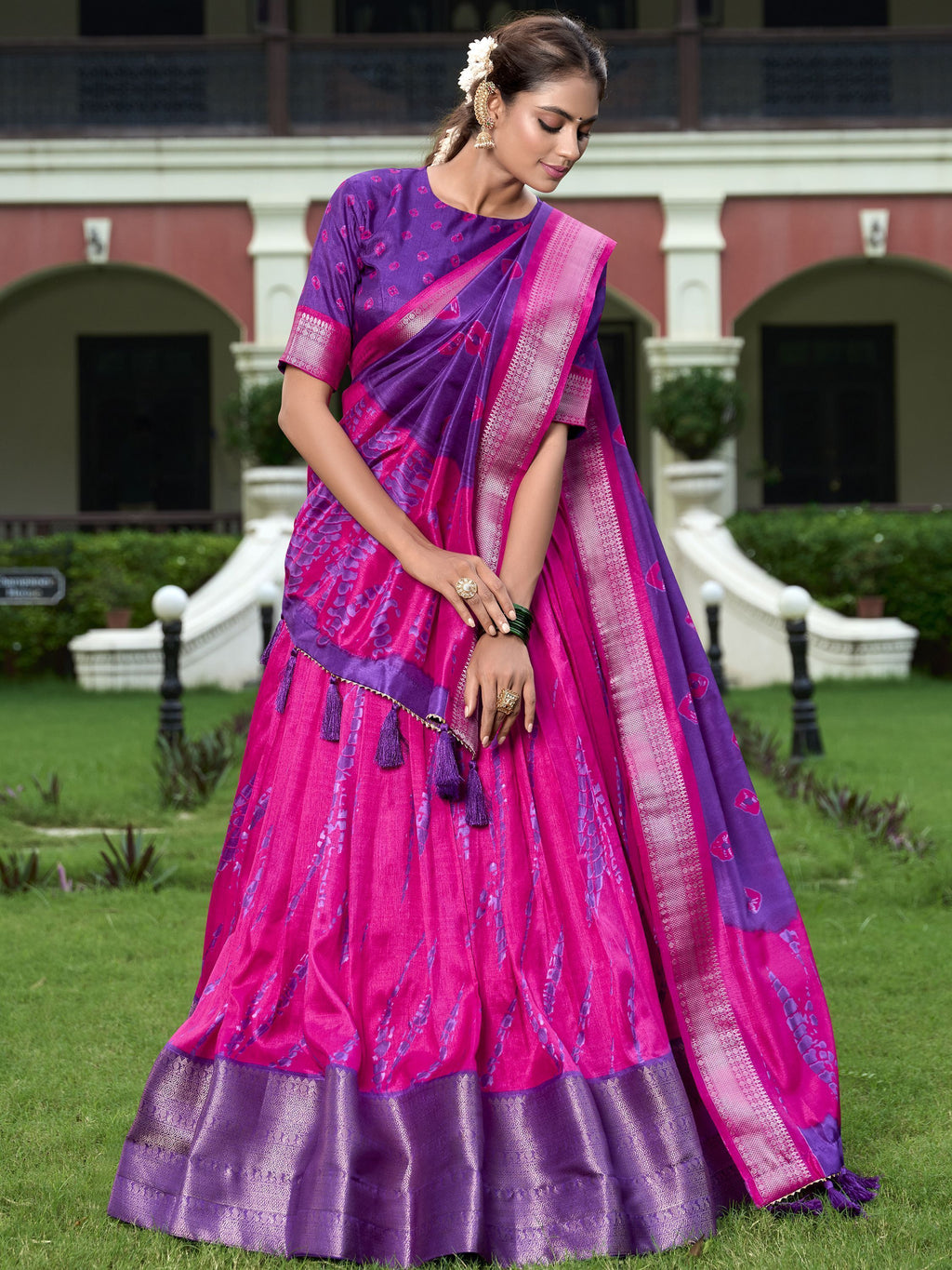 Purple Dola Silk Shibori Print Zari Weaving Lehenga Choli With Dupatta