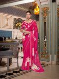 Pink georgette printed saree with pearl lace border